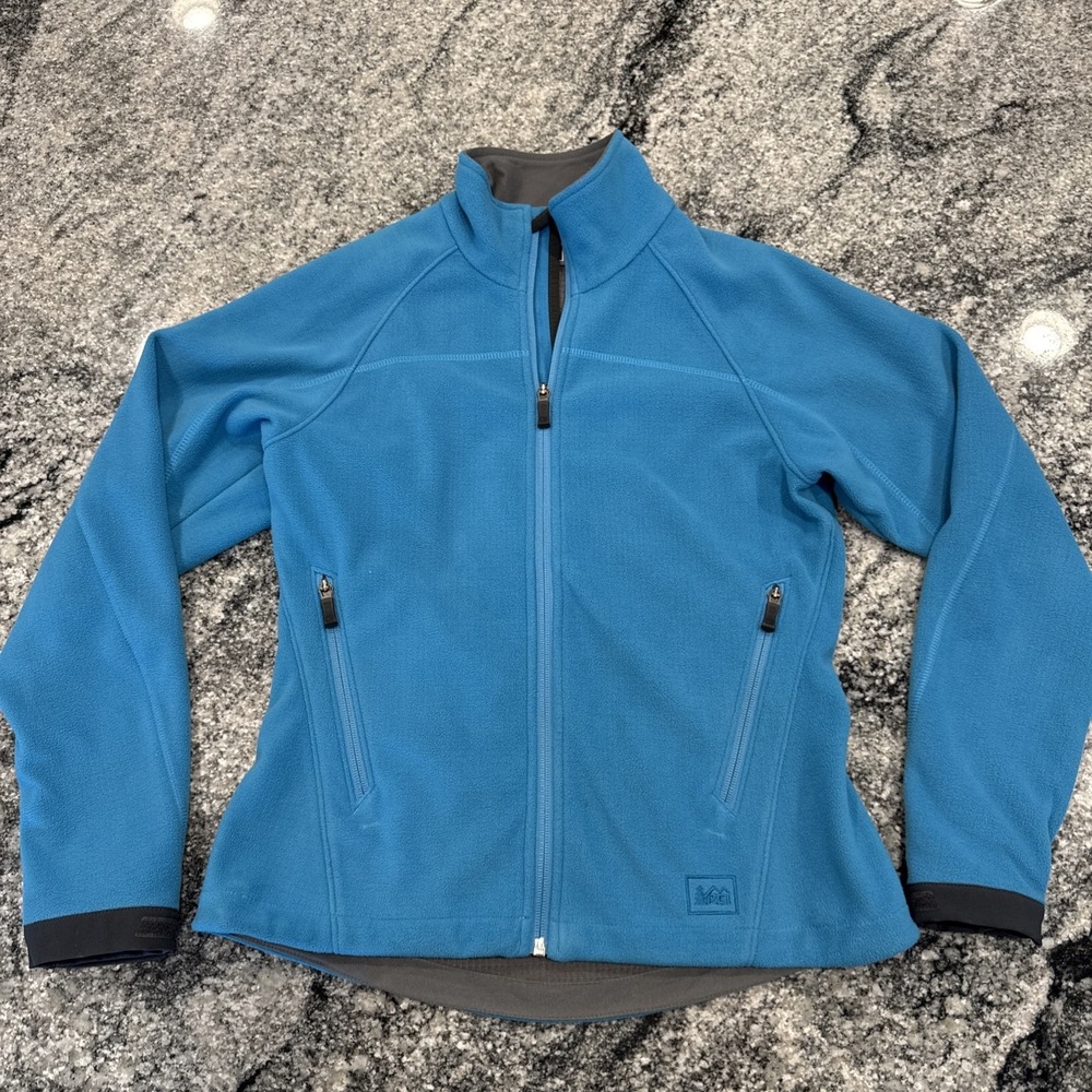 REI Jacket Womens Small Blue Teal‎ Fleece Mock Neck Full Zip Pockets Casual #548